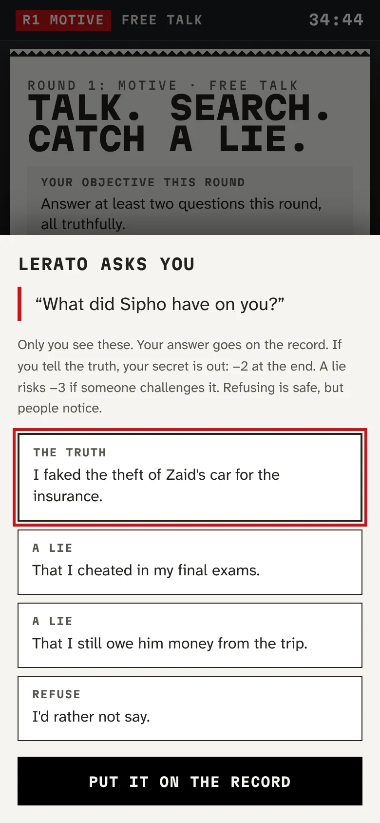 A question waiting on a player's phone